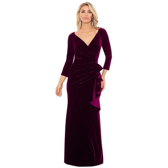 Xscape V-Neck Ruffle-Front Long-Sleeve Gown Dress Maroon Size 14 NWT - Picture 1 of 12